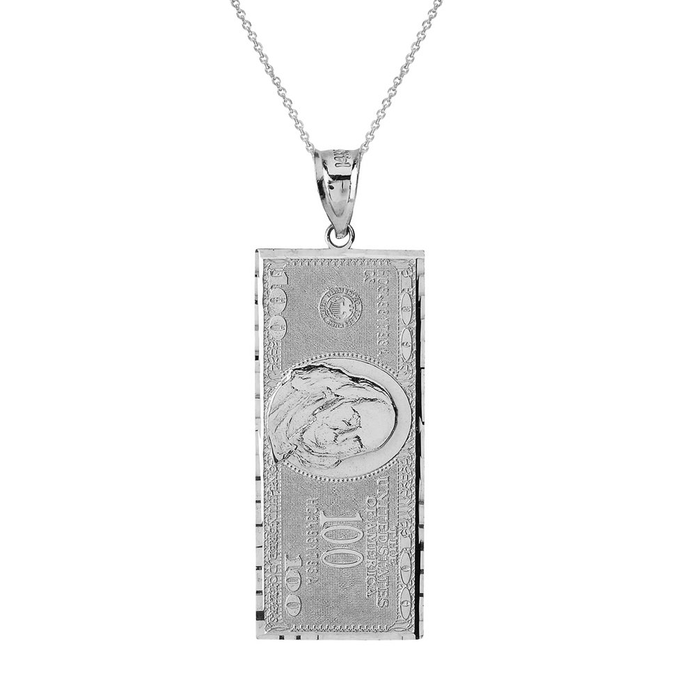 .925 Sterling Silver 1.4" Benjamin's One Hundred Dollar Bill Money $ Charm Pendant - Choice of Length