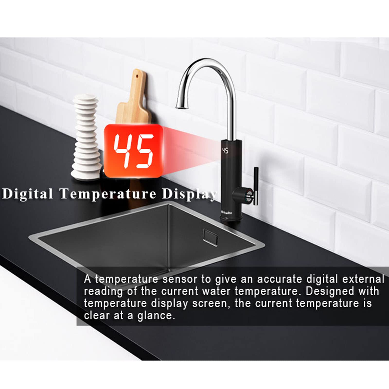 Rubinetto Cucina Nero, Rubinetto Scaldabagno Elettrico, Rubinetto Acqua Istantaneo Senza Serbatoio, Rubinetto Riscaldamento Rapido con Display Digitale a LED, Miscelatore Riscaldamento a Flusso