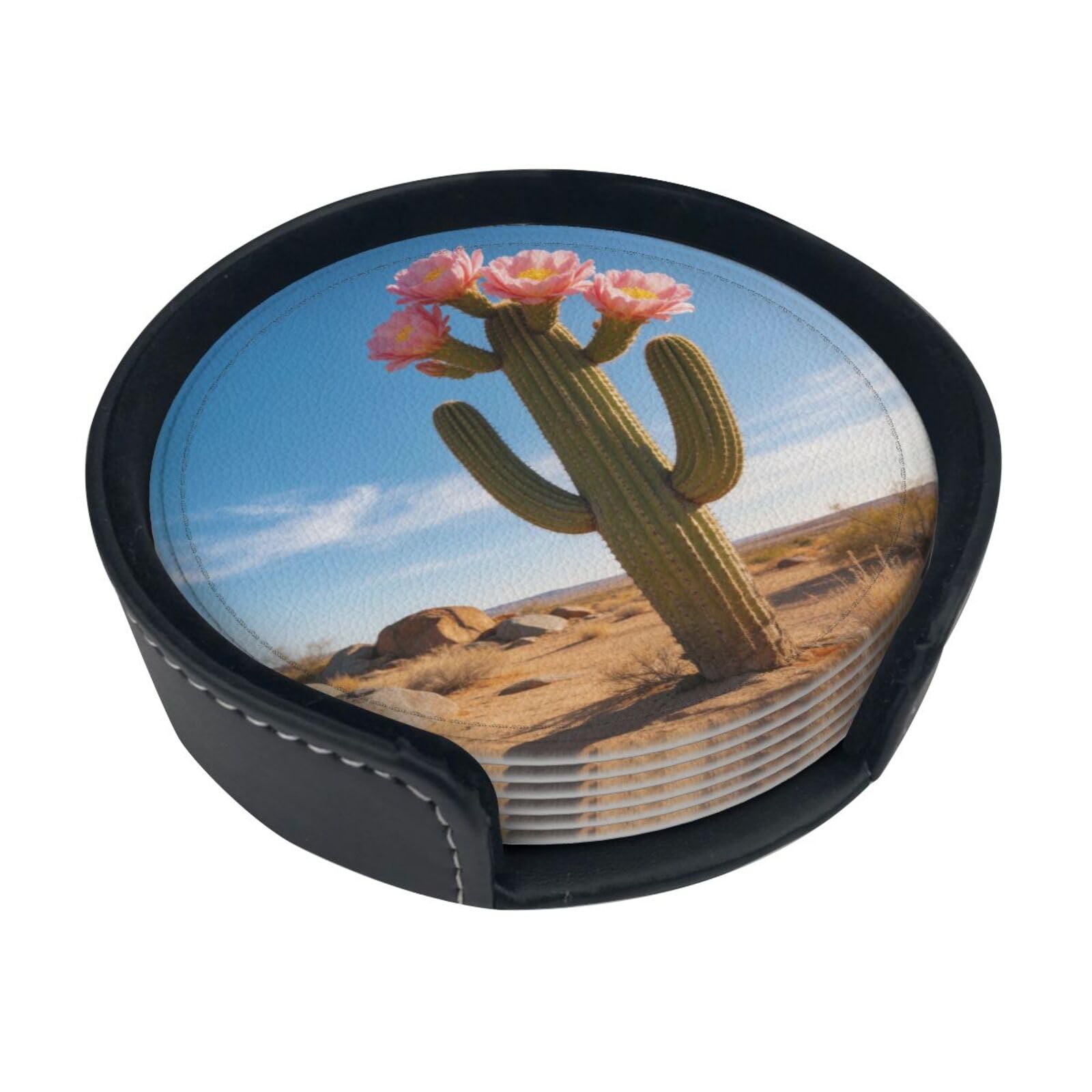 Cactus Bloom Flower Leather Coasters-Set of 6 with Storage Holder