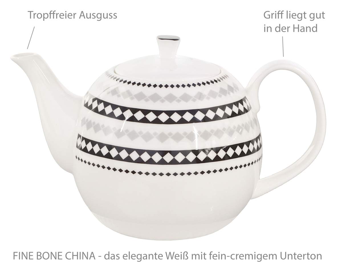 Kaffeeservice aus Fine Bone China Porzellan. Tee- / Kaffeekanne 1,5l mit stilvollem Rautendekor, 2 Kaffeetassen und 2 Unterteller.