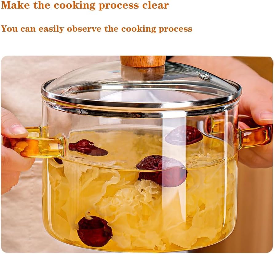 Glass Saucepan with Lid, UNOSCHRIM 1.5L Glass Pot, Clear Glass Soup Pot, Double Handle Heat-Resistant High Borosilicate Glass Cookware, Simmer Pot for Pasta Noodle, Soup, Milk and salad, Stove Safe