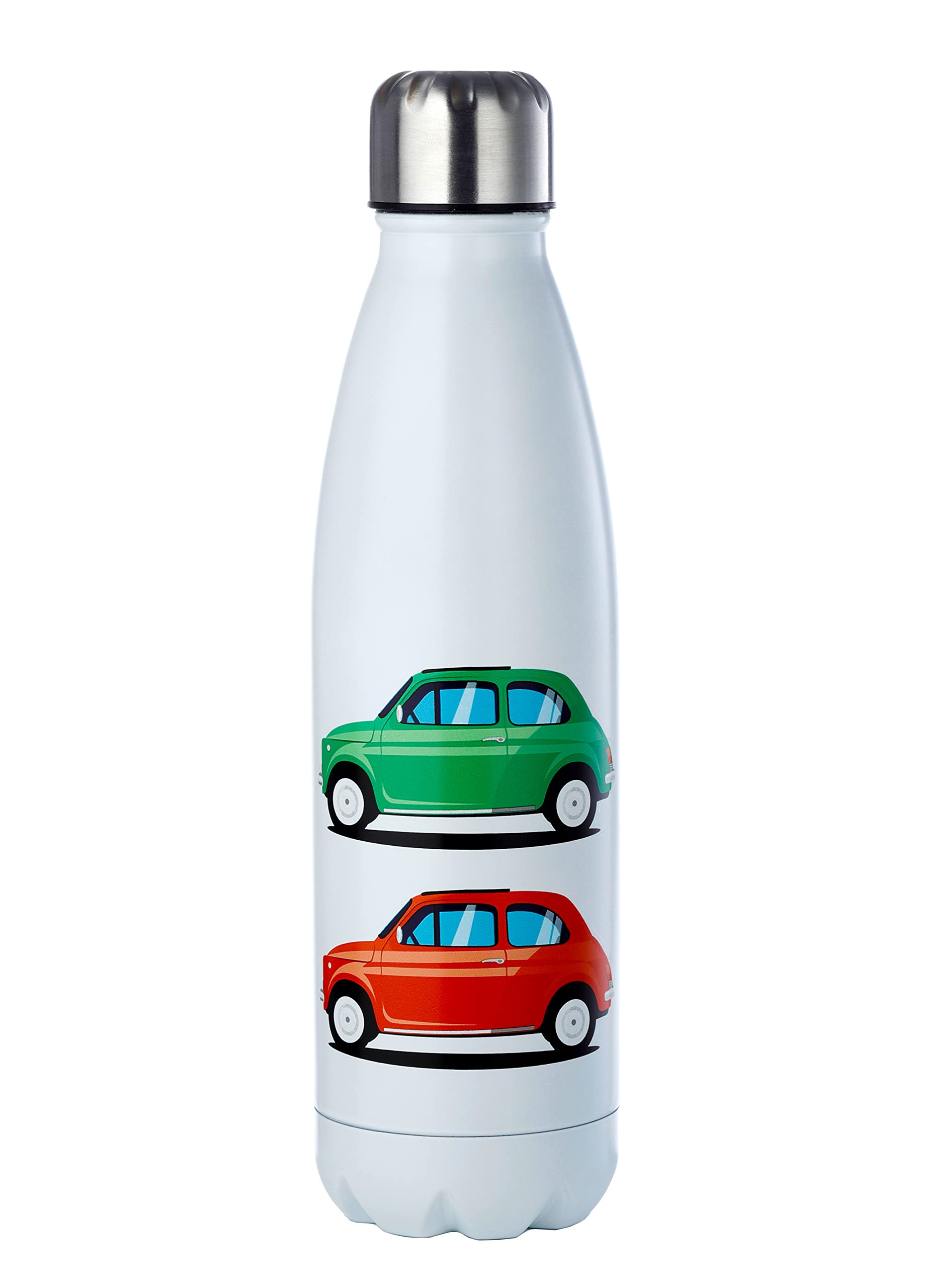 Puckator Multi-Coloured Fiat 500 - Stainless Steel Water Bottle - Cold For 24H And Hot For 12H - Metal Water Bottles With Car Design - Double Walled Modern Thermos Flask - Bpa Free - 500 Ml