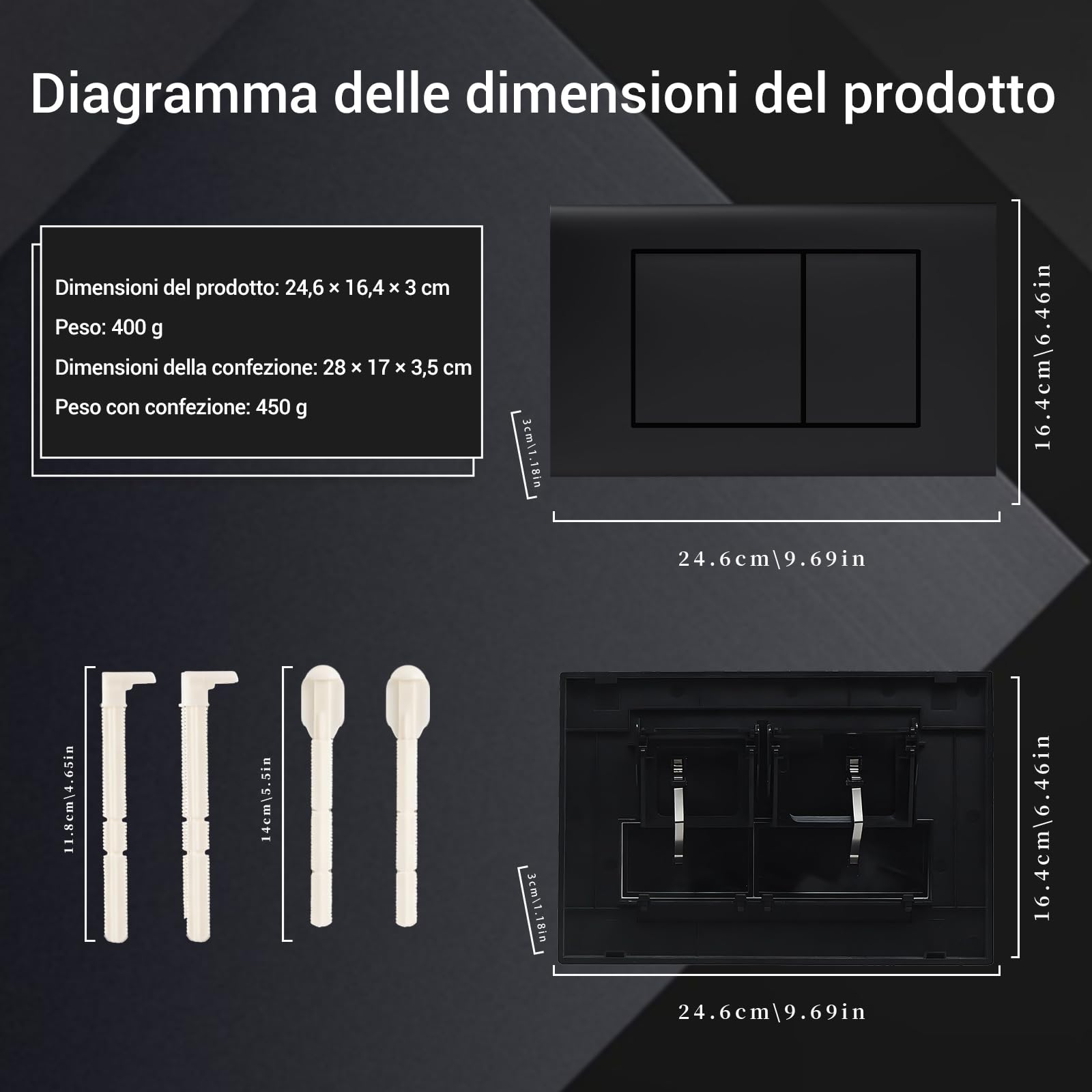 Placca di Comando WC,Compatibile con Geberit Sigma Gamma, UP300 e UP320, silenzioso, durevole e risparmiatore d'acqua, dimensioni 246x164 mm | Opaco（nero）