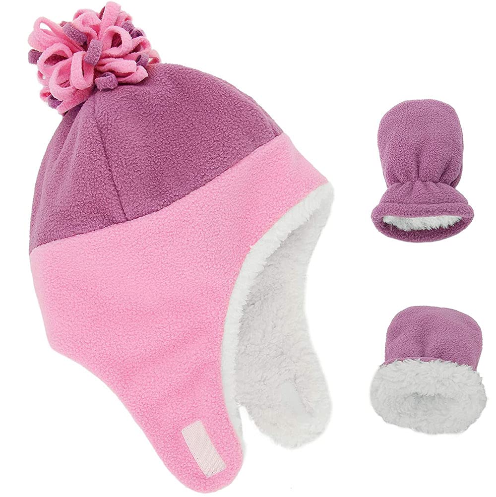 Winter Toddler Hat Mittens Set Fleece Hat Warm Long Earflap Kids Caps Lined Toddler Gloves Trapper Hat Pom Beanie Cap with Circle Loop Scarf for Infant Kids Boys Girls Pink