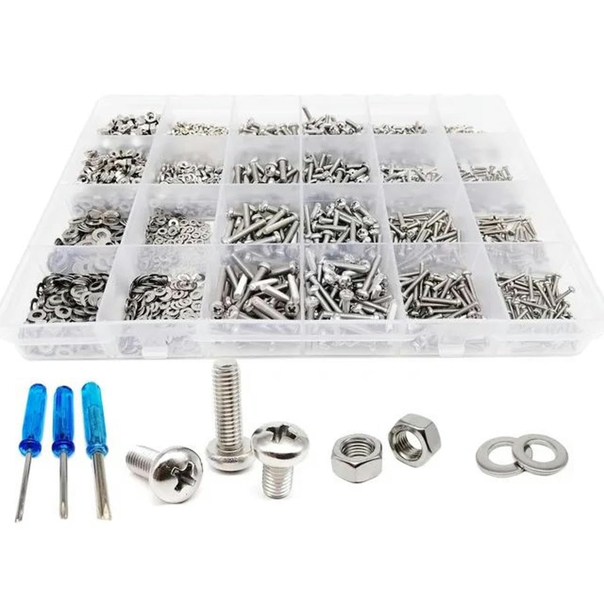 400/2100 Piezas M1.6 M2 M2.5 M3 M4 M5 304 Cabeza Redonda de Acero Inoxidable Tornillo Tuerca Surtido de Arandelas Kit Caja D 2100 Piezas