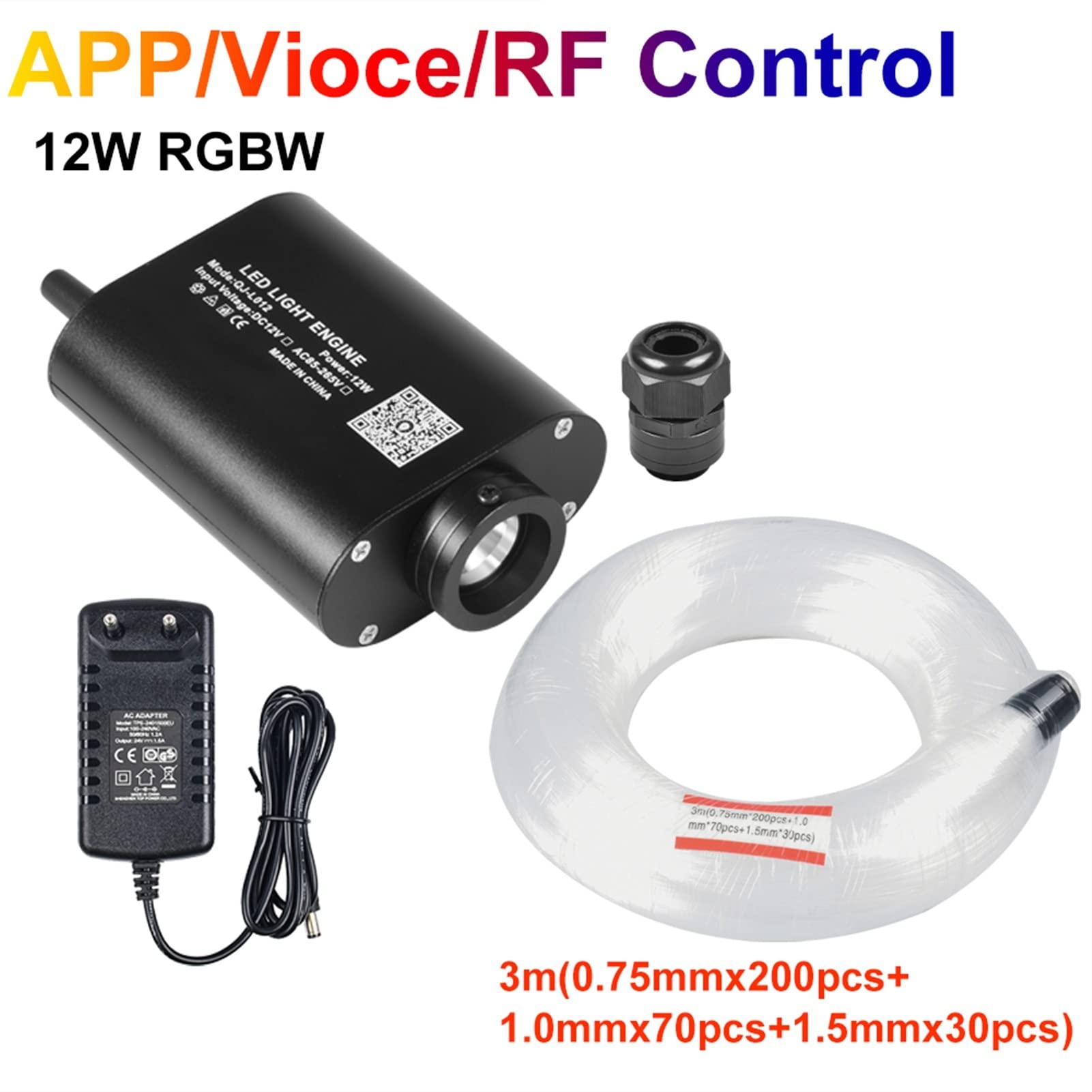 1. 2w RGBW. Bluetooth-App/Remote Sprachsteuerung LED Lichtquellenmotor mit END-Glühkabel-Lichtfaserbeleuchtung, Flexibel(3M Mixed 300pcs)