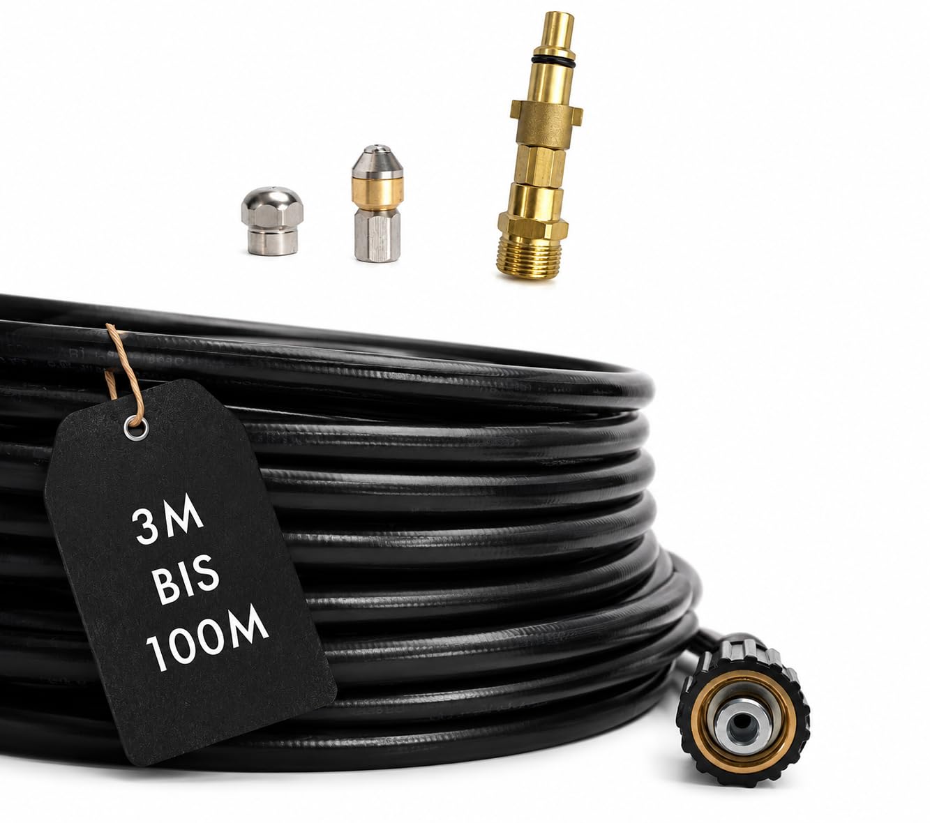 M&M Smartek Manguera de limpieza de tuberías de 50 m para limpiadora de alta presión Nilfisk KEW + boquilla rígida y giratoria desatascador con adaptador M22 x 1,5 – Limpiador de tuberías para inodoro