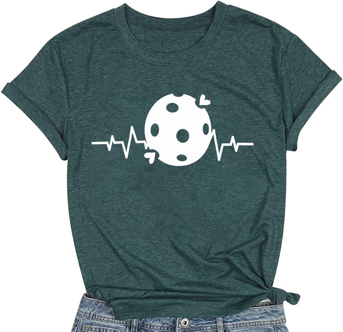 Pickleball Shirts Women Heartbeat Graphic Tees Cute Love Heart Print T Shirts Casual Short Sleeve Athletic Tee Tops