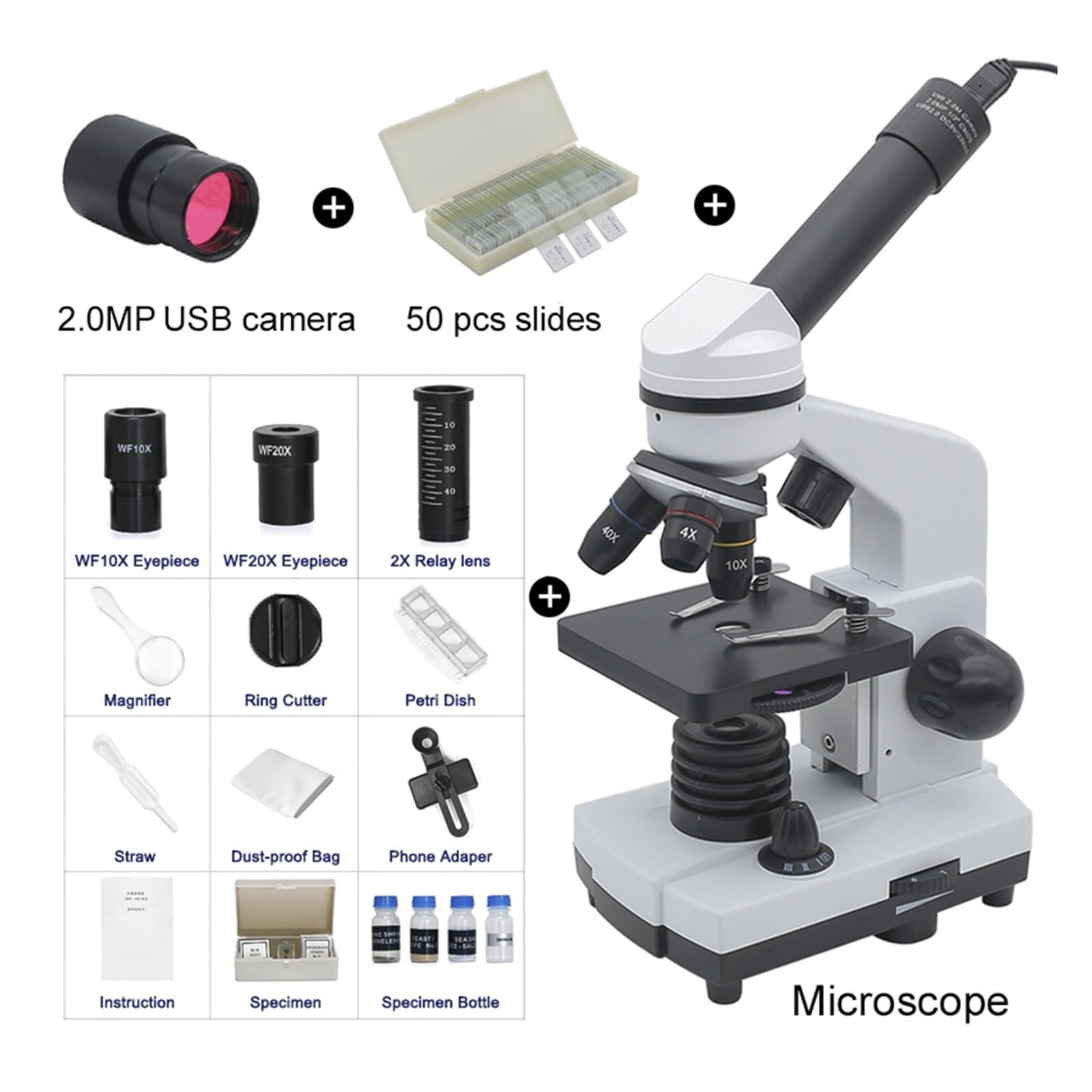Microscopio electrónico Microscopio Biológico For Estudiantes 1600X, 2MP, Ocular Electrónico USB, Microscopio Digital, 50 Diapositivas Con Lámpara LED, Microscopio Monocular Fácil de usar