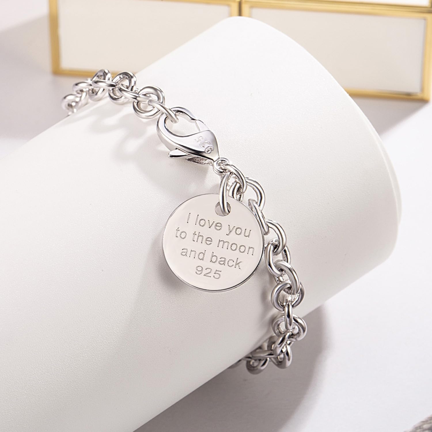 Dankadi Women 925 Sterling Silver Round Cable Wire Link Bracelet Charm Heart-Bell-Square-Circle Pendant Chain Bangle Fine Jewelry Gift For Wife Her - Image 8