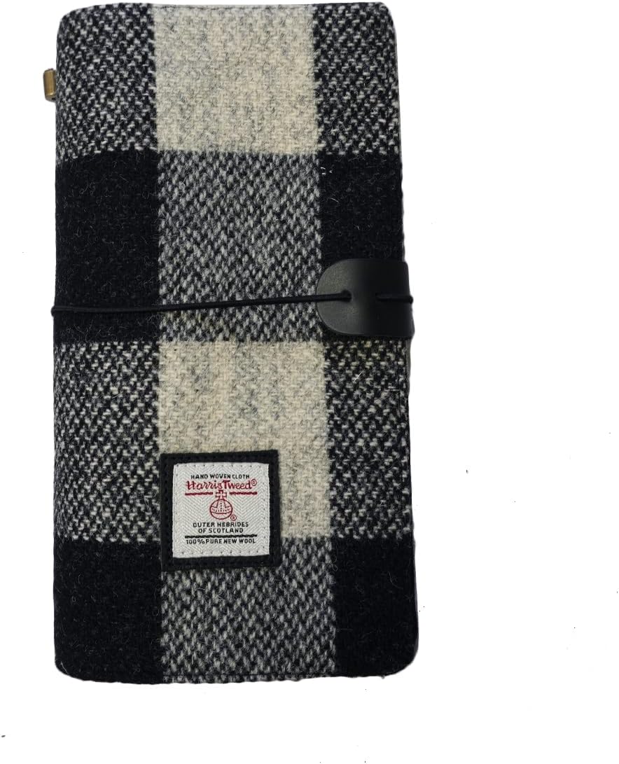 TAILORMAP Harris Tweed Travel Journal, Soft Cover Travelers Notebook - 8.7" x 5.0",Refillable with One Blank Inserts, Standard Size (Black and White Grid)
