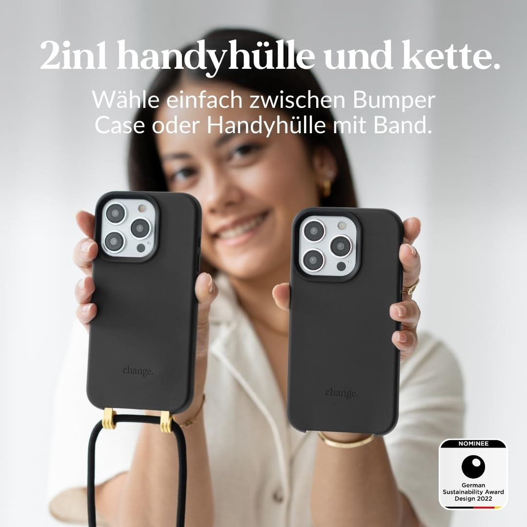 Woodcessories - Change Case, Nachhaltige Handykette abnehmbar kompatibel mit iPhone 15 Pro Max Hülle mit Band schwarz - biologisch abbaubar