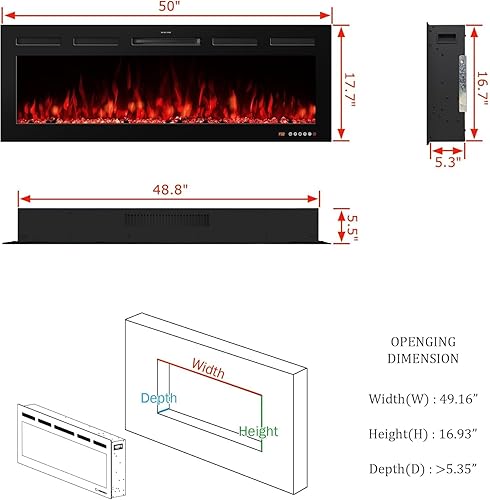 Miniatura 2 de Chimeneas eléctricas inteligentes de 50 pulgadas, control remoto y pantalla táctil y control de aplicaciones, calentador de chimenea empotrado y