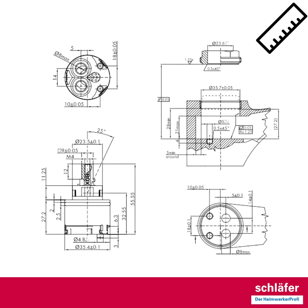 Schläfer 480055 | Cartucho de grifo mezclador de 35 mm, cartucho de repuesto de cerámica baja con 2 patas, para grifos mezcladores monomando de cocina, baño, ducha y bañera