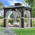 WKM 8x8 FT Hardtop Gazebo, Permanent Aluminum Gazebo with Galvanized Steel Double Roof, Outdoor Patio Pergola with Curtains and Breathable Netting for Garden, Lawn, Deck, Party