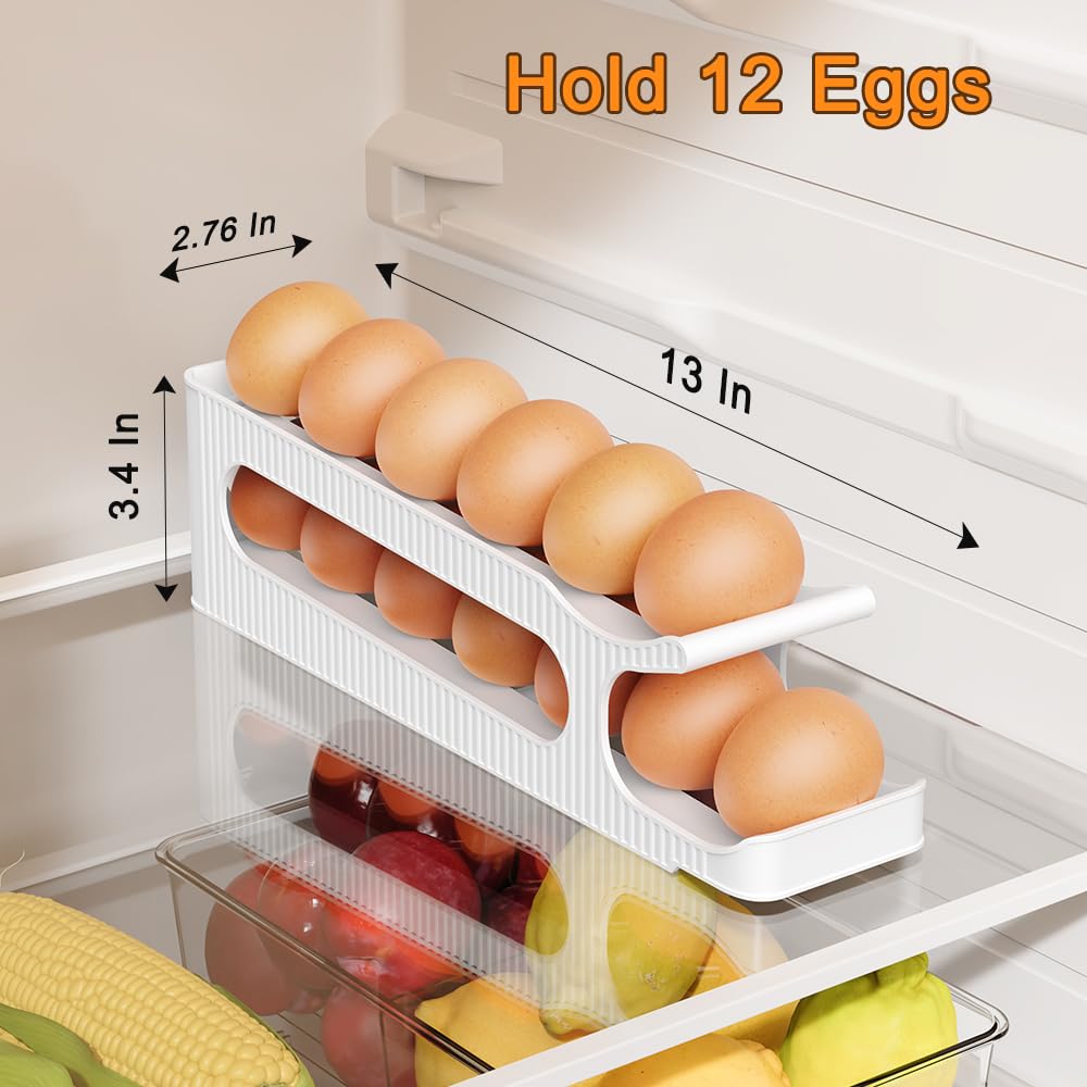 Soporte para huevos para nevera, organizador de almacenamiento de huevos de 2 niveles para refrigerador, recipiente delgado que ahorra espacio, dispensador - Rodillo de huevos para huevos, 12 unidades 3
