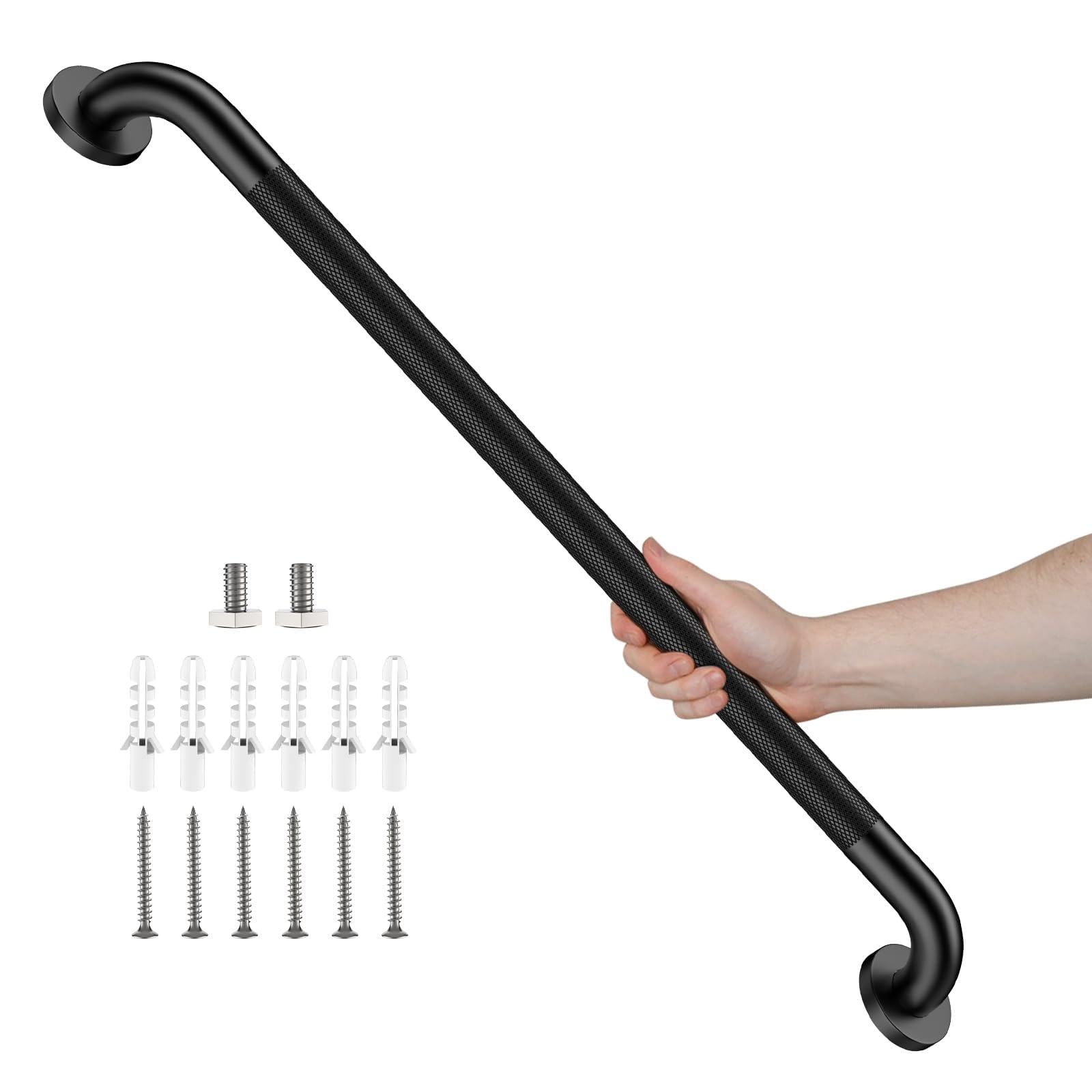 iHansee - Barra de agarre negra de 32 pulgadas, barra de agarre antideslizante para baño con agarre moleteado, pasamanos de seguridad de acero inoxidable para inodoro, bañera, ducha, montado en la