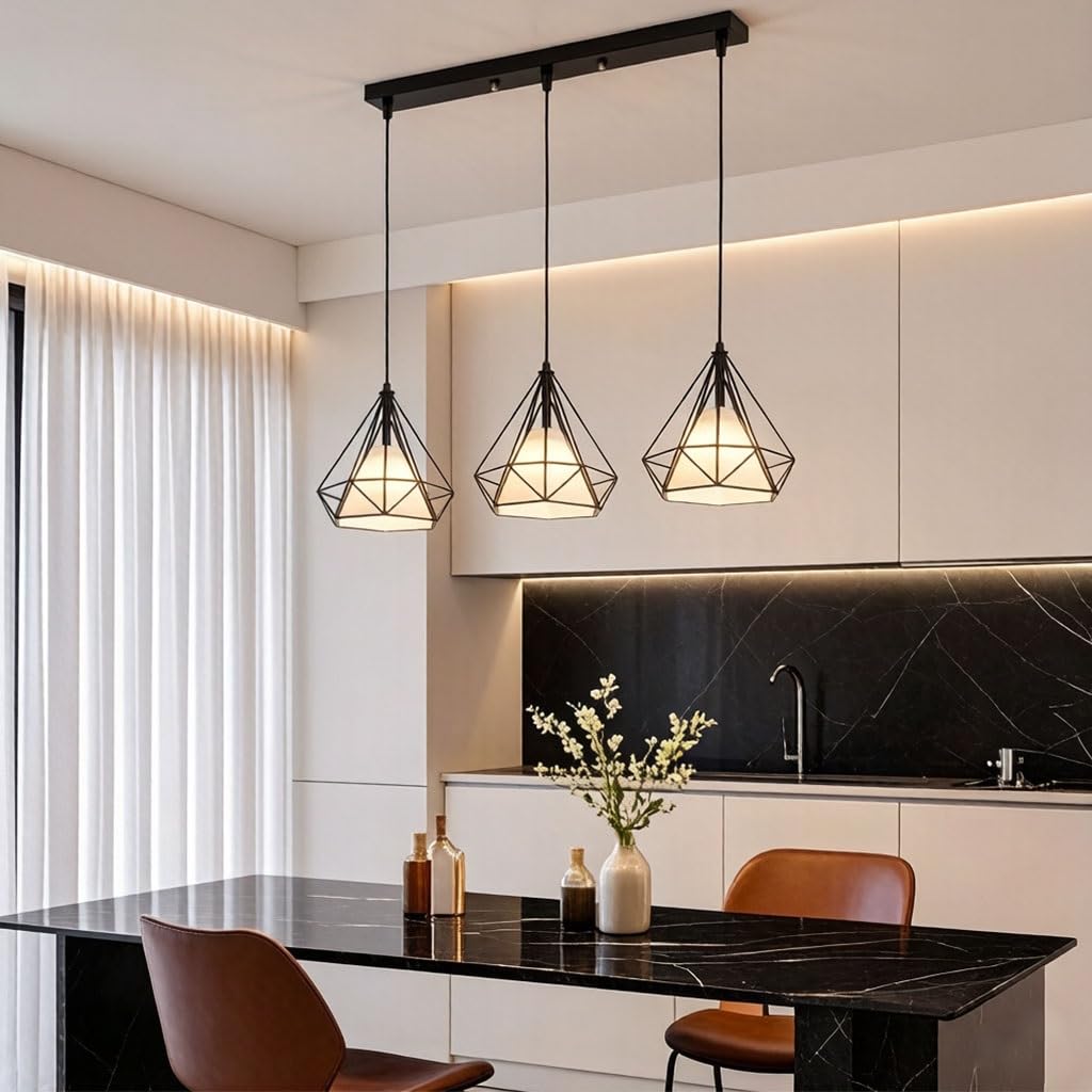 Czarna Lampa Wisząca Industrialna Z Geometryczną Klatką Trójświetlna Z Białymi Kloszami Plafon Wiejski Amerykański Z Rombową Klatką Z Kutego Żelaza Do Jadalni I Baru(A)