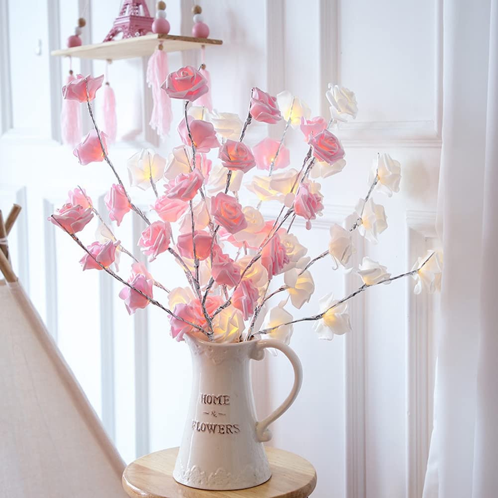 XhuangTech 2 Pack LED Pink Rose Flower Branch Lights, Battery Operated Decorative Lights Vase Filler Twig Lighted Branch for Mother’s Day Wedding Christmas Party Decoration (Silver Branch-2 Pack)