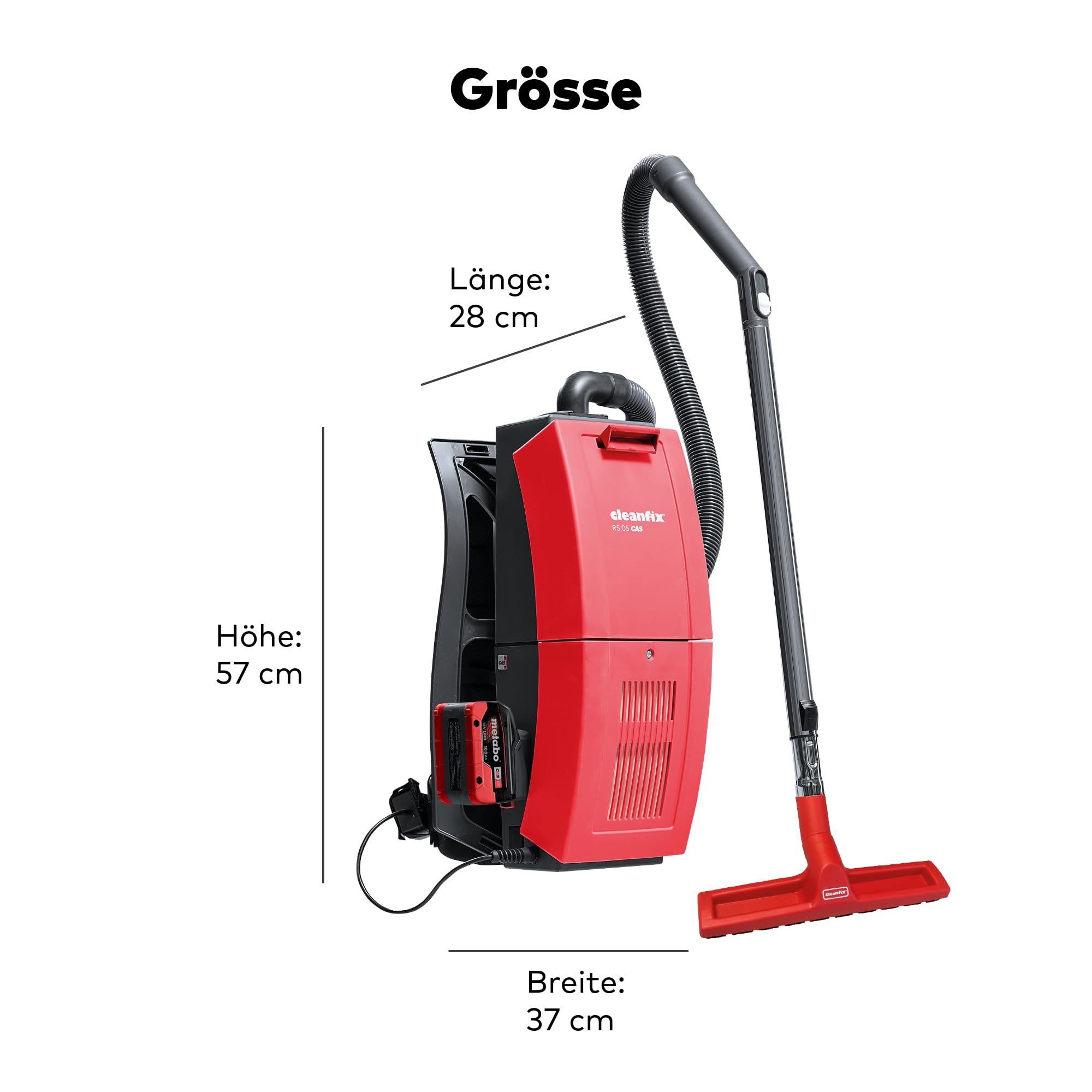 Akku Rucksackstaubsauger Cleanfix RS05, Metabo CAS Akkusystem, Swiss Made | Starke Saugleistung für Industrie, Gewerbe & Haushalt, ergonomisch für lange Einsätze, Akkus & Ladegerät separat erhältlich
