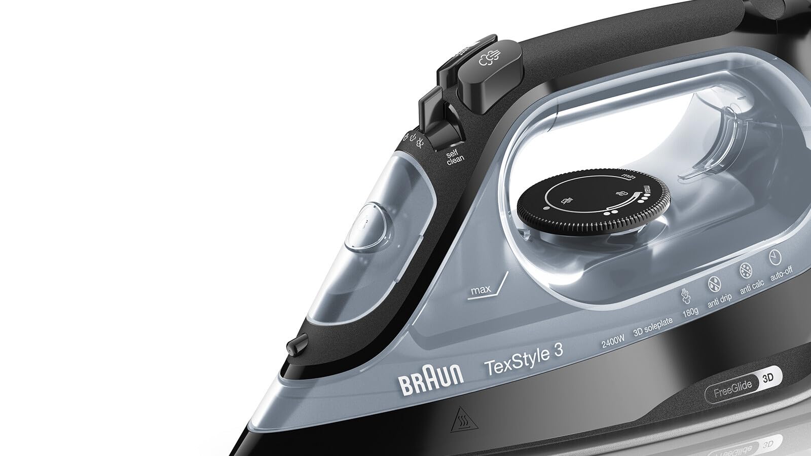 Braun TexStyle3 SI3055BK Ferro Da Stiro A Vapore, Colpo Vapore 180g, Termostato Regolabile, Riscaldamento Rapido, Piastra Freeglide 3D Superceramic, Capacità 270ml, Nero