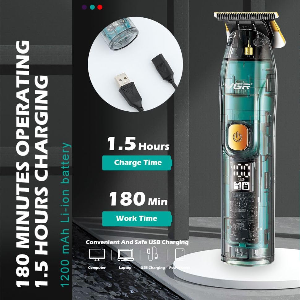 VGR V-961 Trimmer showing 180 minutes operating time and 1.5 hours charge time with USB charging options.