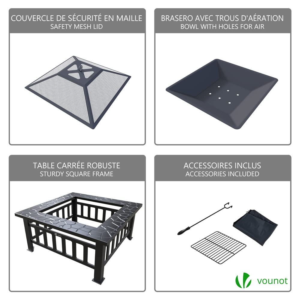VOUNOT® Brasero Exterieur avec Couverture en Maille Poêles à Bois Multifonctionnelle pour Jardin Terrasses Balcon Poêle Chauffant 81x81x45cm Noir