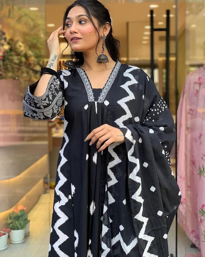 Image of Rangnavi Women's Cotton Anarkali Printed V-Neck Kurta with Palazzo & Dupatta | Ethnic Set | Dupatta Set | Suit Set |Kurta Set |