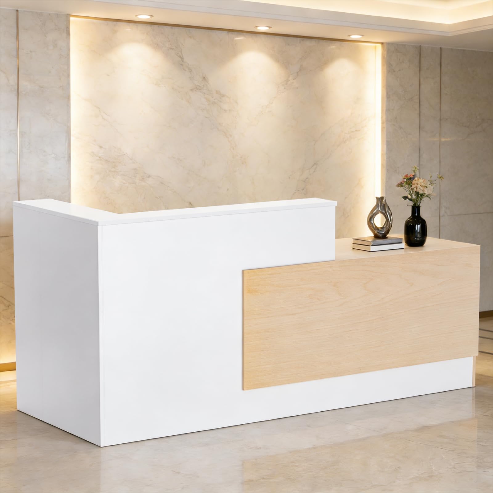 L-förmiger Empfangstisch mit Tastaturschublade, Schublade und offenen Regalen, 180x107x104 cm