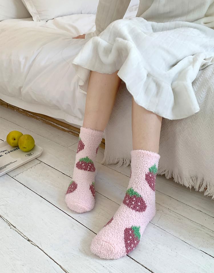 Kelabia 5 Pair Cute Floral Fuzzy Socks, Women Fluffy Slippers, Cottagecore Winter Thick Cozy Vintage Long Socks4