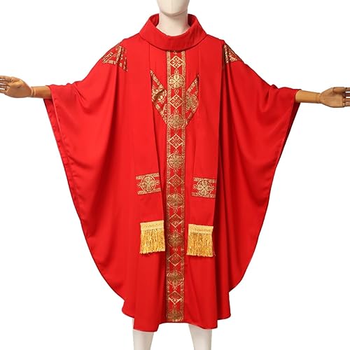 Miniatura 2 de ANDHOM Vestimenta de iglesia para sacerdotes católicos, ropa de misa de casulla y bata de cuello redondo con estola de pastor, Rojo -