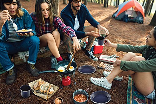 Camping Dinnerware 4-Person Set, 12 Items - 4 ea of 24 oz Mugs 6\" Bowls & 10\" Plates Metal w/ Blue Enamel Finish