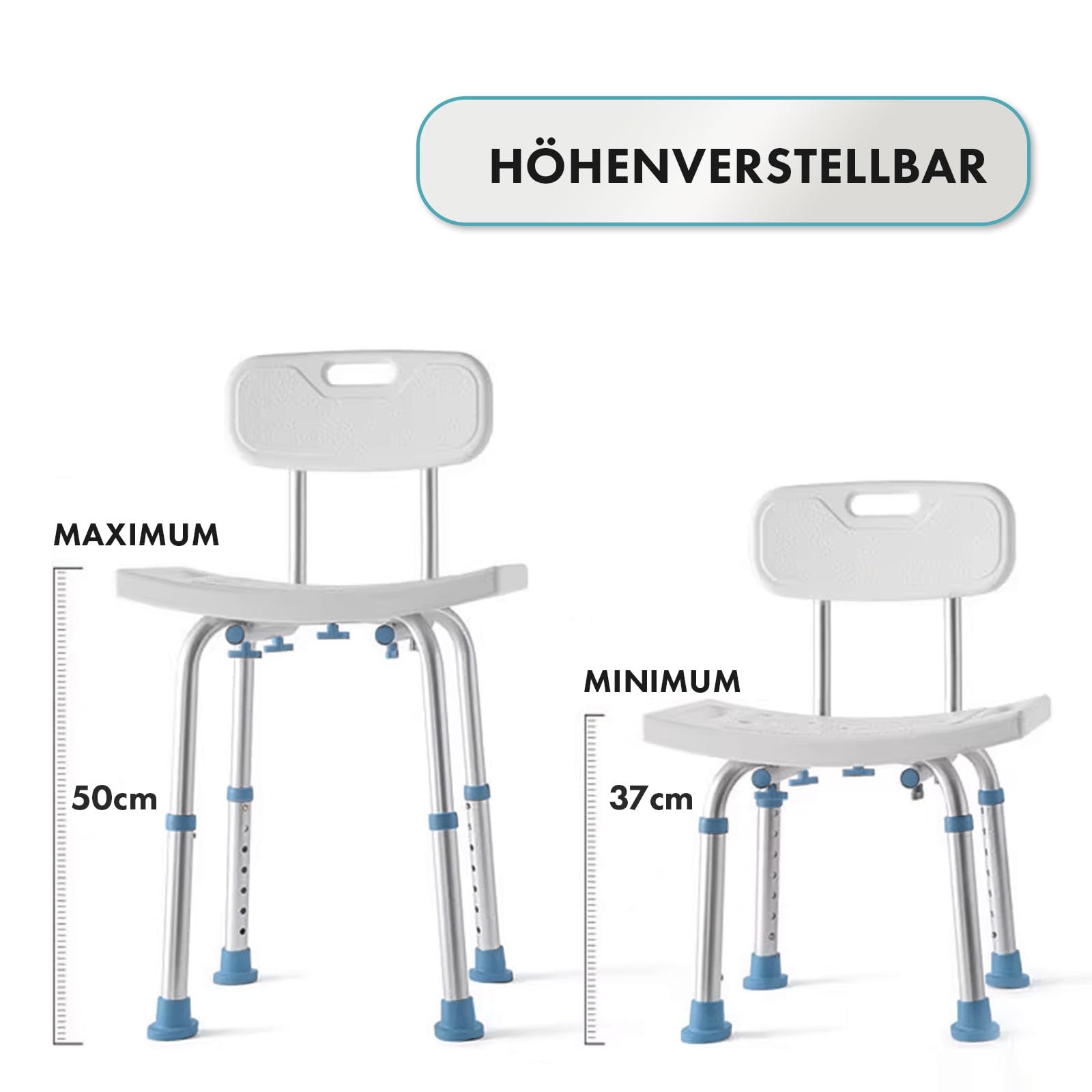 Floordirekt Taboret prysznicowy z odpinaną częścią oparcia, krzesło prysznicowe dla osób starszych, regulowana wysokość 37-50cm, obciążenie do 150kg, antypoślizgowy i stabilny, siedzisko prysznicowe