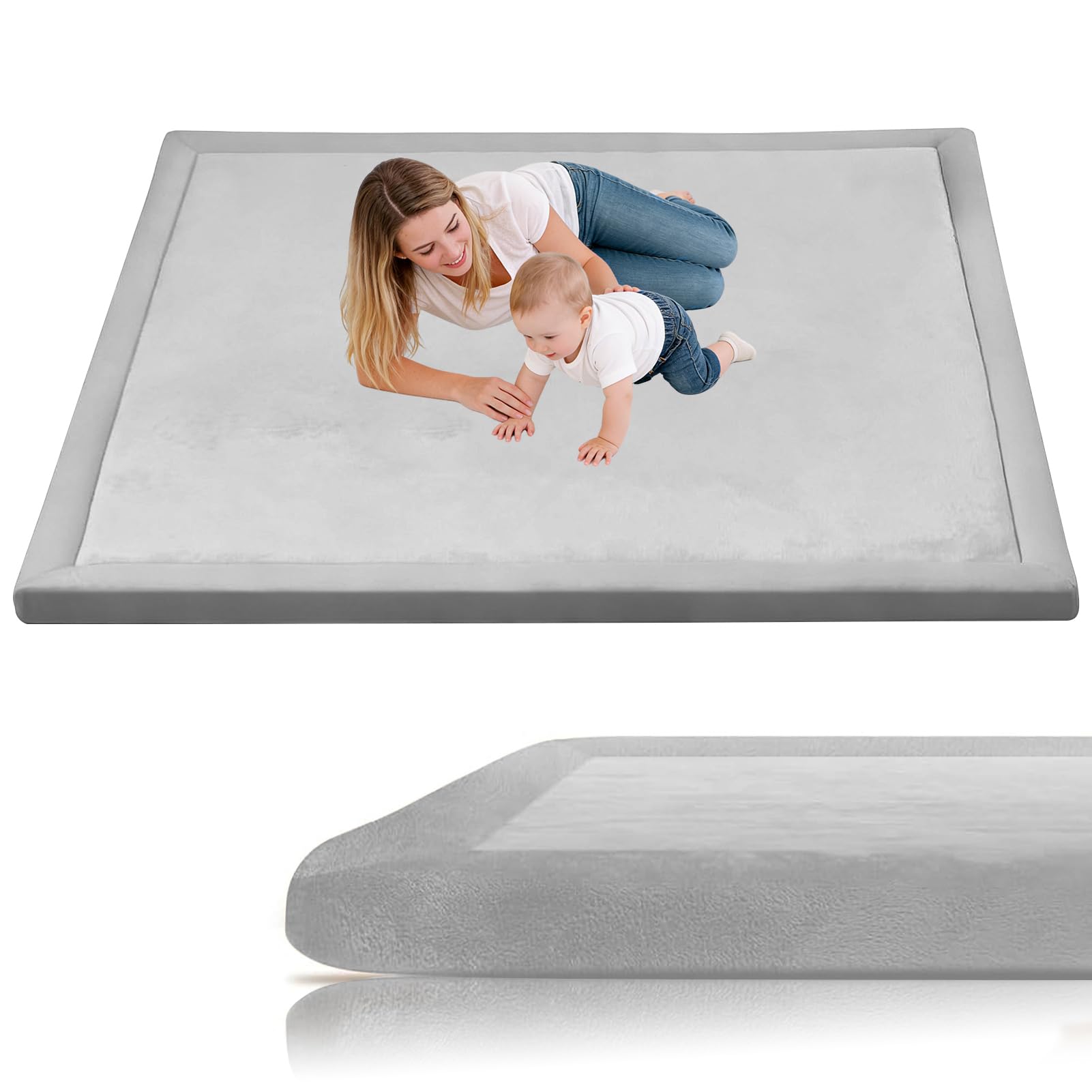 Stqyeiw Large Kids Crawling Play Mat 160 x 180 cm Silver Grey Baby Play Mat, Large Thick Foam 3cm Memory Foam Mat Non Slip for Children Toddlers Babies Tummy Time Training Early Walking Playpen Mat