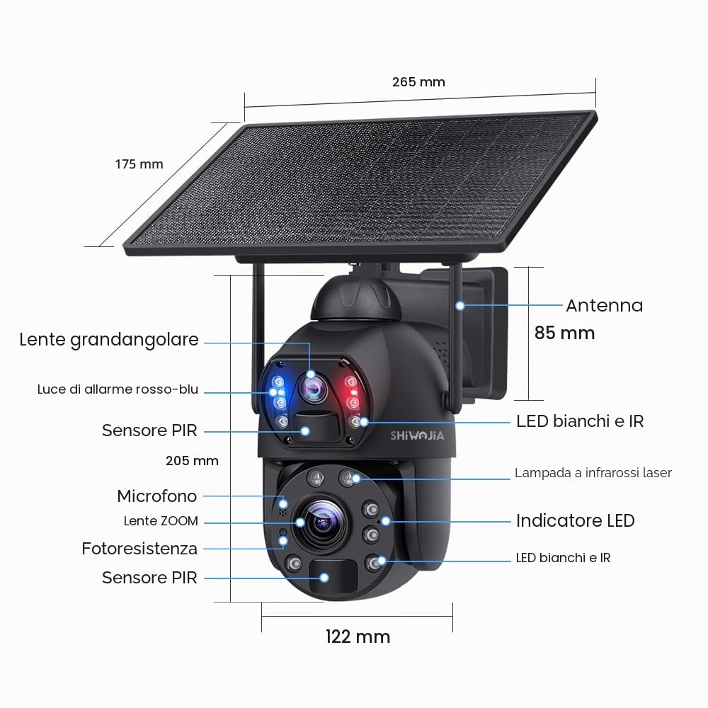 SHIWOJIA 36X Telecamera WiFi Esterno Solar, 6MP 360° PTZ Telecamera di Sorveglianza con Doppia Lente, 100m Visione Notturna a Colori, PIR Smart Detection, Audio Bidirezionale