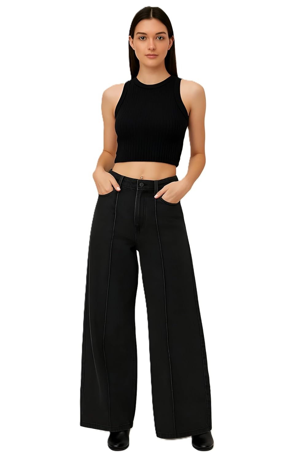 Women’s Black Wide-Leg Jeans | High-Rise | Panel Stitch Detailing | Trendy Casual Wear