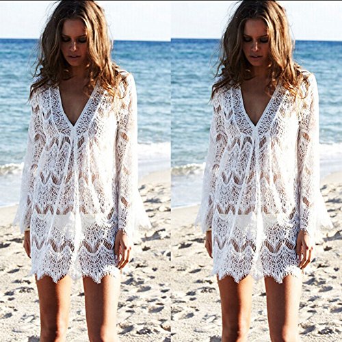 Yyf Women's Beach Long Sleeve White Lace Sexy Swimwear Cover Up Shirt #TOP4