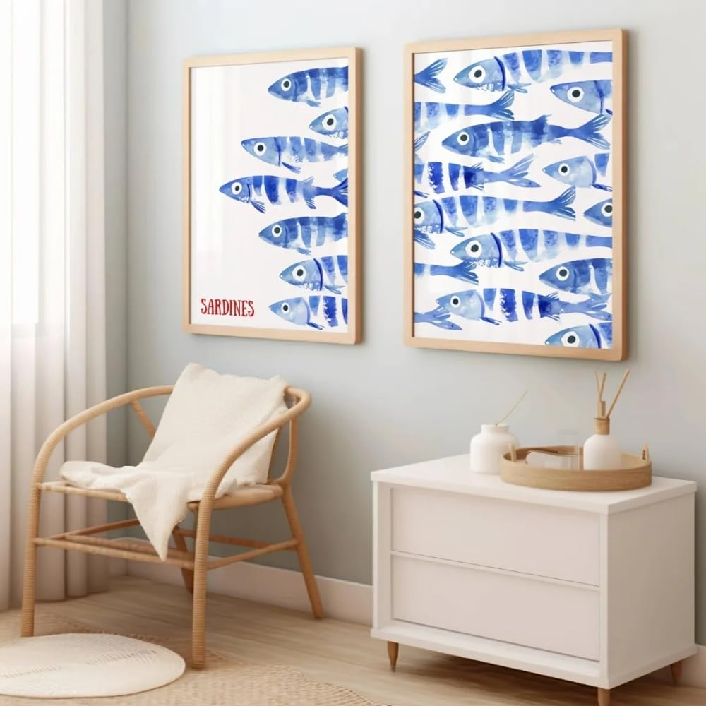 HURCP set of 2 Abstract Blue Sardines Fish Canvas Prints Poster Japanese Funny Cute Art Style For Kitchen Living Room Wall Art Home Decor Poster,50x70 CM (19.7x27.6 In)