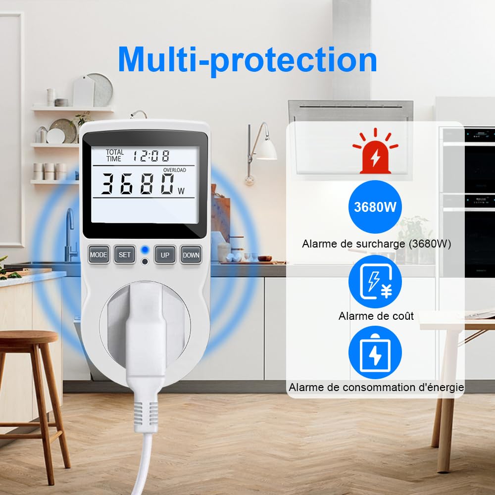KETOTEK Wattmètre Prise Compteur d'Énergie, Consommation d'Énergie avec 11 modes, Écran LCD Rétroéclairé, Compteur d'Énergie Électrique pour Économie d'Energie, Surcharges de Protection, 3680W