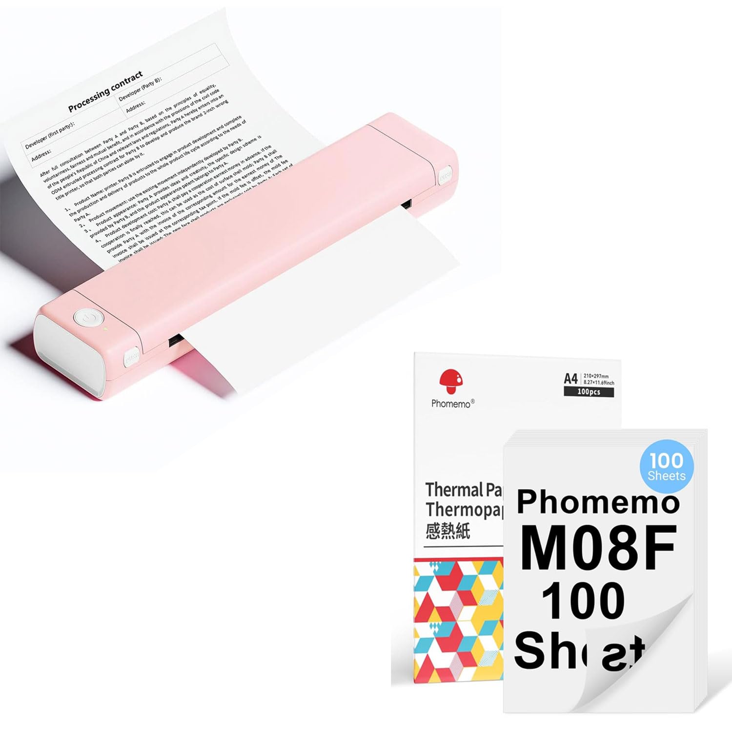 Phomemo Impresora Portátil A4 M08F Rosa Blanco con 100 Hojas De Papel Térmico A4 Doble Cara, Impresora Móvil Bluetooth Sin Cables para Viajes, Coche, Oficina & Hogar, Impresión Sin Tinta