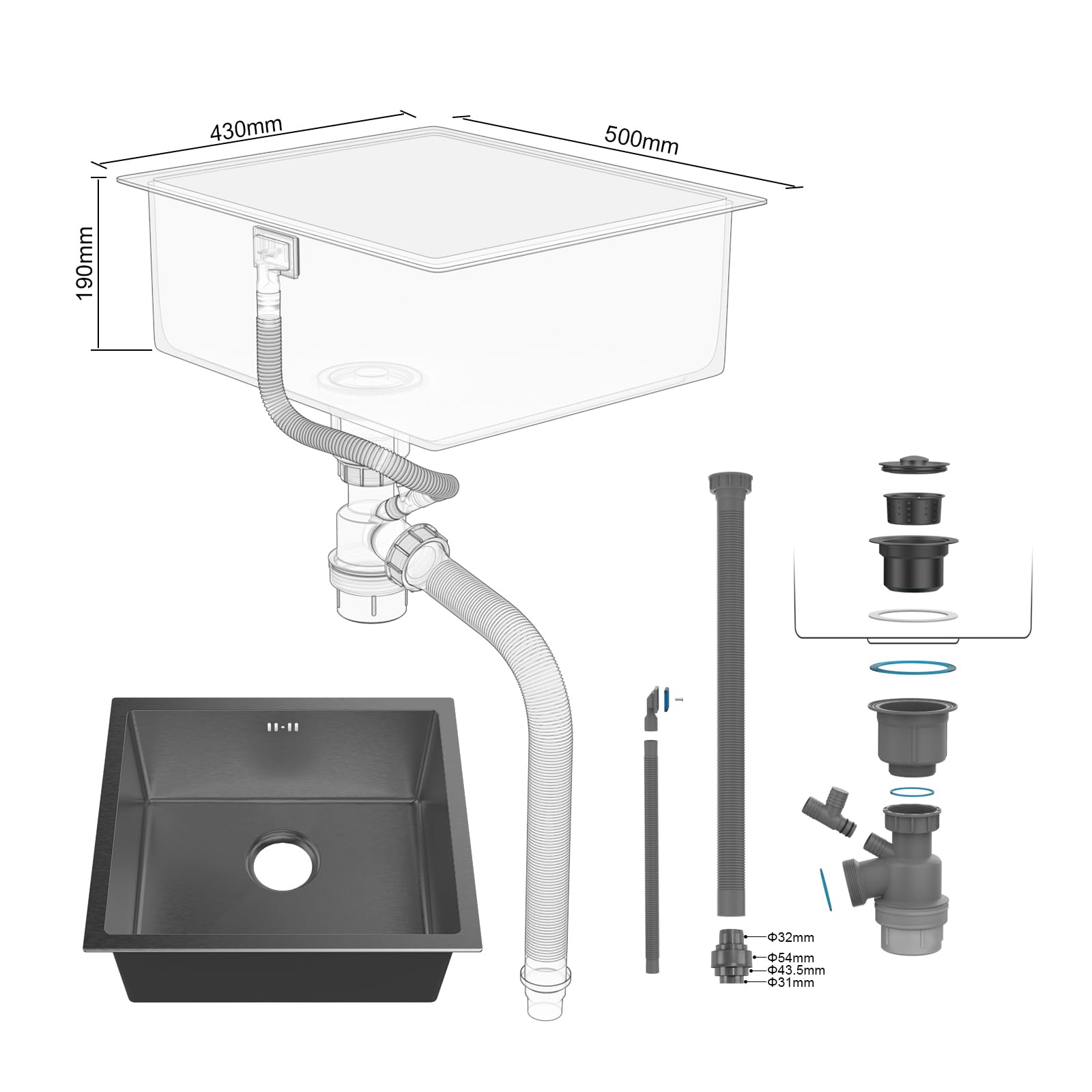 Ibergrif M85043B Lavello Cucina in Acciaio Inox 50x43 cm, Installazione a Sopratop o Filotop con Sifone Antiodore e Kit Scarico Completo, Grigio Scuro