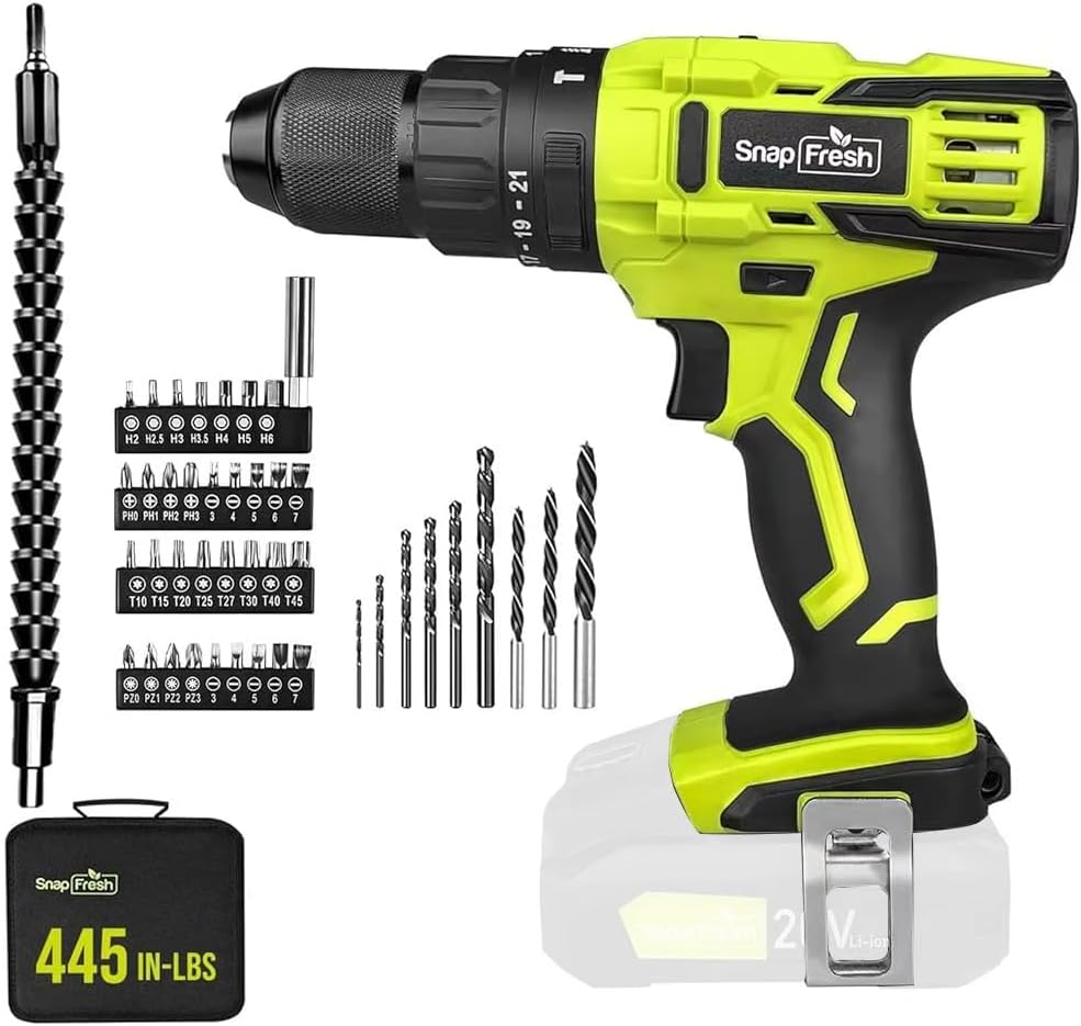 Taladro Percutor Inalámbrico SnapFresh 20V, 445 in-lbs, 2 Velocidades, 43 Piezas