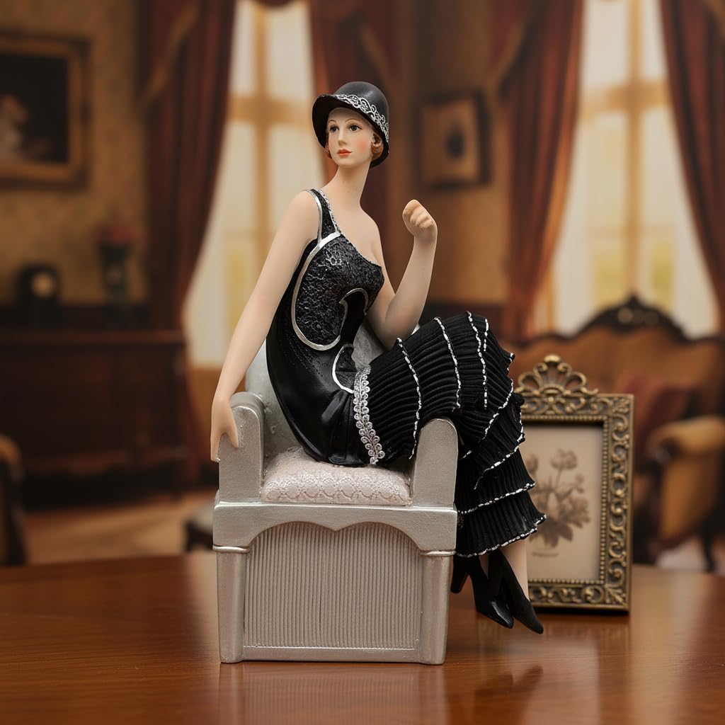 Comfy Hour 10" Black Resin Art Deco Lady Figurine, Victorian Style Seated on Sofa Statue, Antique Vintage Home Decor Accent