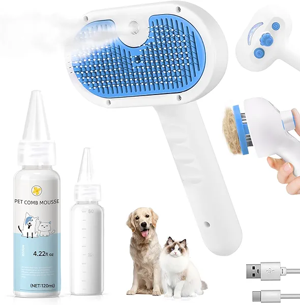 Pet Steam Brush for Dog & Cat - 3-in-1 Steam Grooming Brush for Shedding & Hair Removal - Self Cleaning Spray Comb with Mist for Long Haired Pets - Includes 1*Waterless Shampoo, Blue