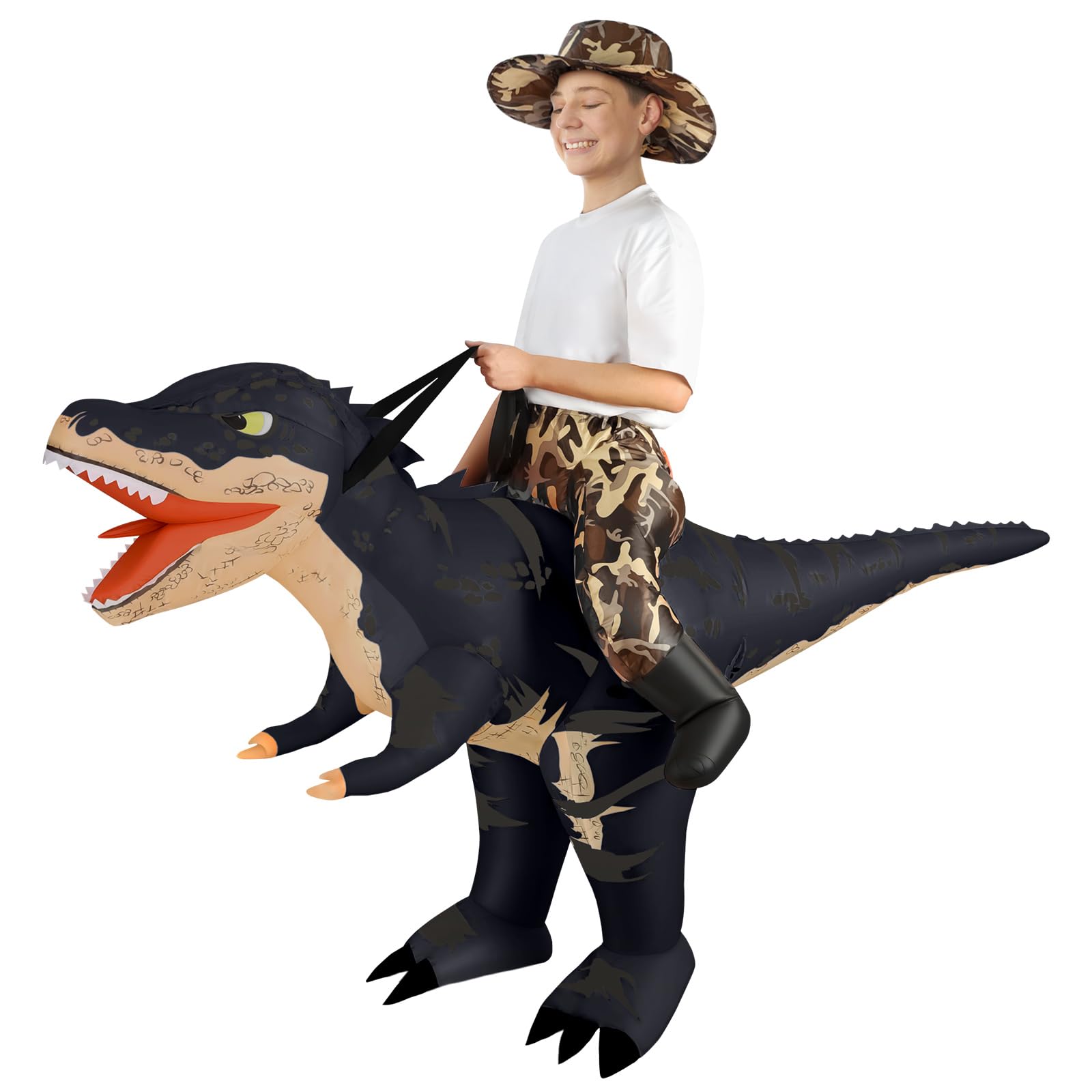 Alaoo Inflatable Dinosaur Costume for Kids, T-Rex Inflatable Costume with Hat, Funny Ride-on Black Dinosaur Halloween Costumes for Halloween Christmas Cosplay Masquerade Party (120-150cm)