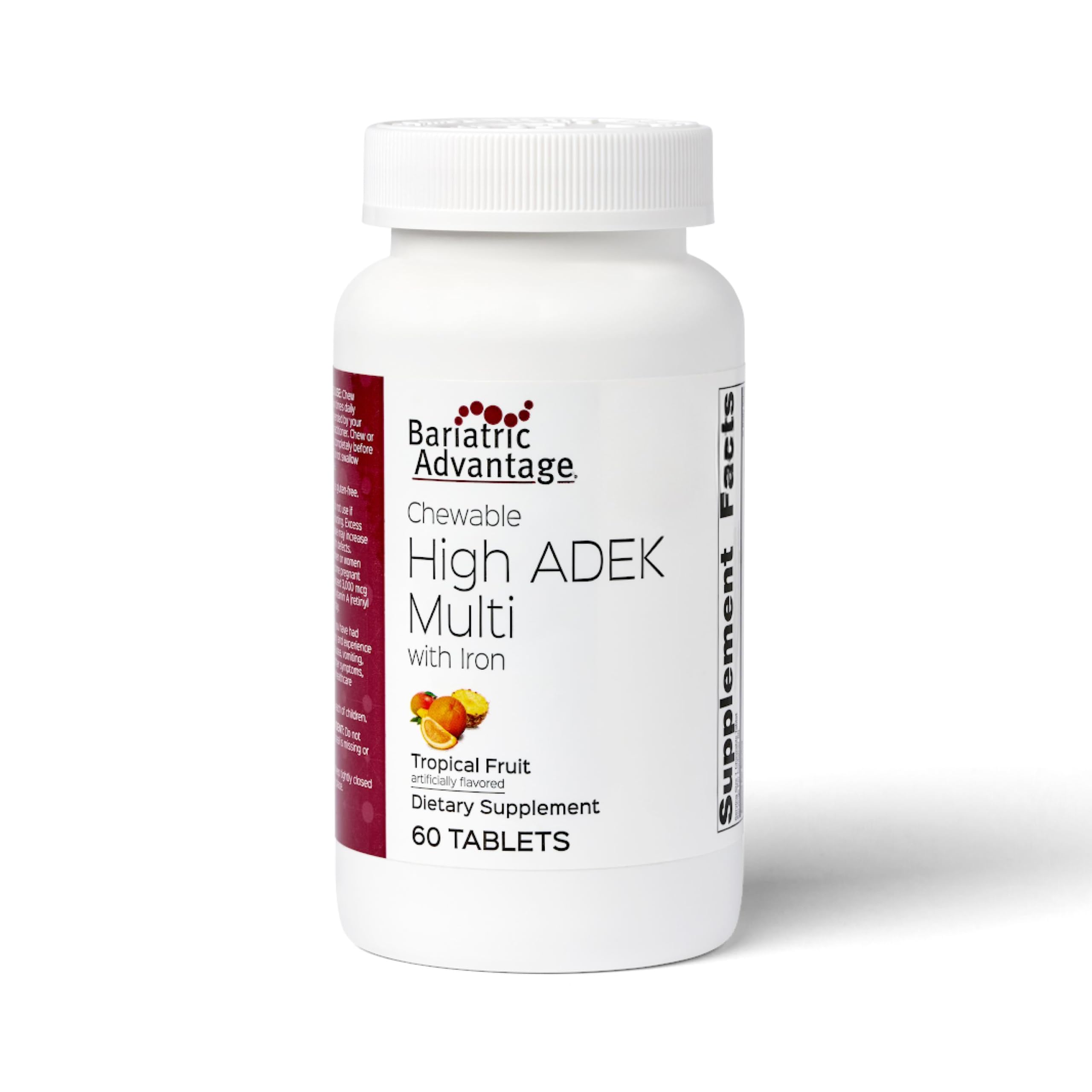 Chewable High ADEK with Iron - for Bariatric Patients - High Potency Vitamin A, D, E & K - Includes B-Vitamins - Chewable Multivitamins - Tropical Fruit - 60 Count