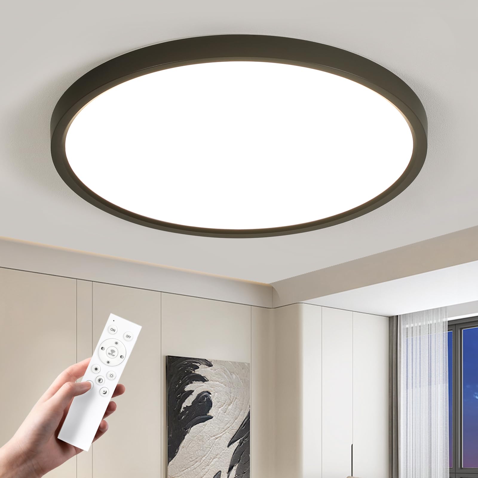 OTREN Lampa sufitowa LED do ściemniania 52 W, 5200 lm, z pilotem, trybem nocnym i funkcją pamięci, czarna 3000 K - 6500 K, wodoodporna IP44, do łazienki, kuchni i sypialni, 50 cm
