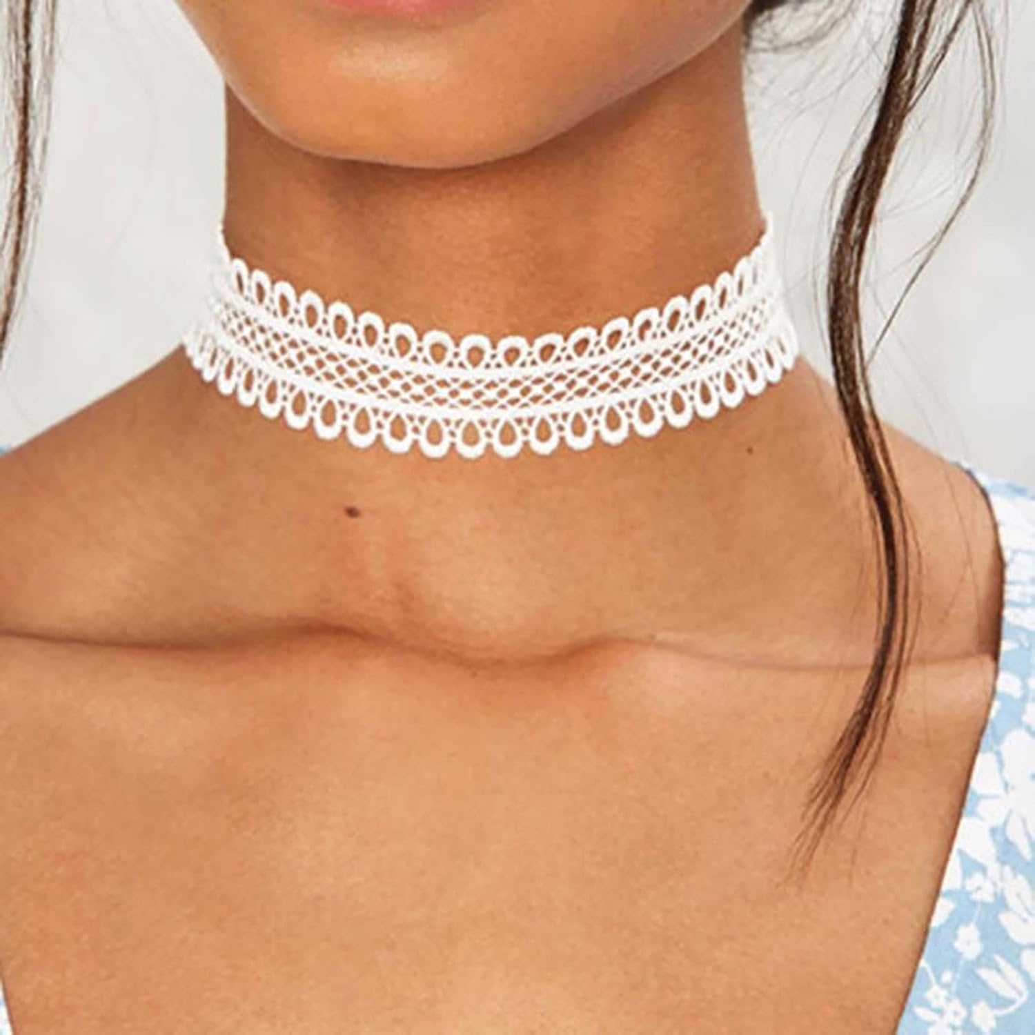 Boho White Lace Choker Necklaces Wide Hollow Lace Necklace Choker Plain Lace Chain Necklace Short Lace Clavicle Necklaces Vintage Necklace Chain Jewelry for Women - Image 2