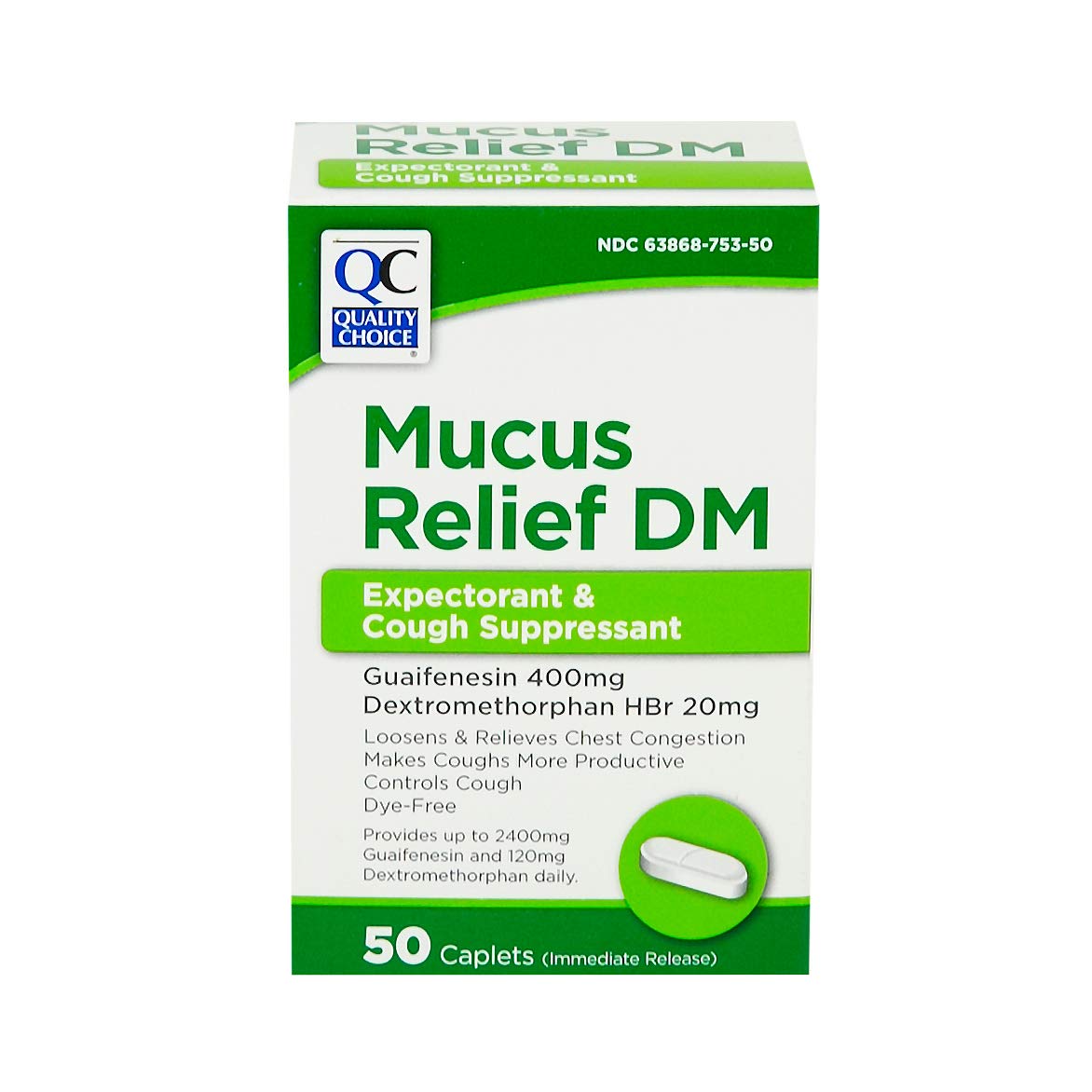 Quality Choice Mucus Relief DM, Immediate Release Expectorant & Cough Suppressant, Cough Relief & Control, 50 Count Package of Caplets