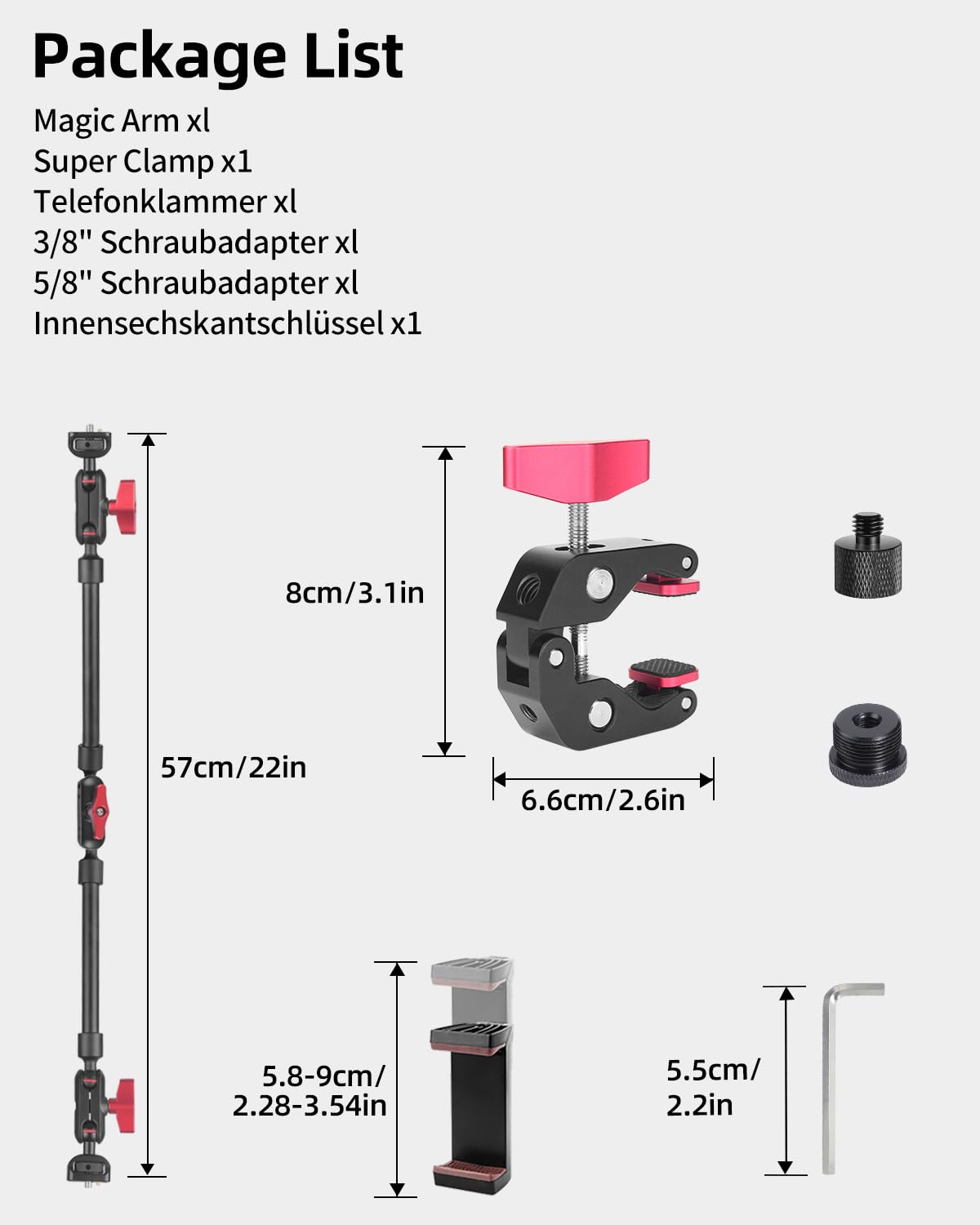 UTEBIT 9 Inch Magic Arm met Super Klem Grote Krabtang Clip en Hot Shoe Mount 1/4 Magic Statief Armen Kit voor DSLR Rig Camera, Flash Light, Monitor LED Licht